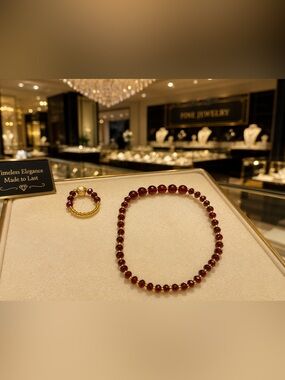 Real Garnet & Gold Beaded Jewelry Set 10” plus free garnet ring